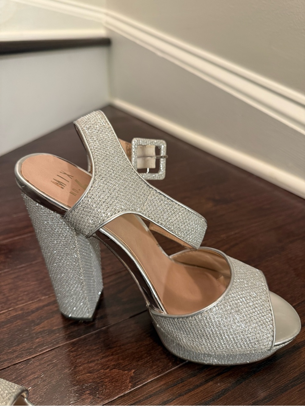 Mix No. 6 Silver Glitter Platform Block Heel Sandals - Size 7.5